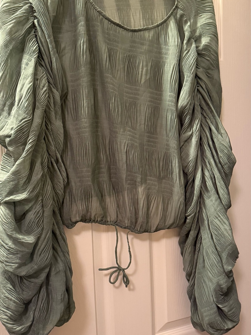 Ruche-Sleeve Sage Green Women's Blouse